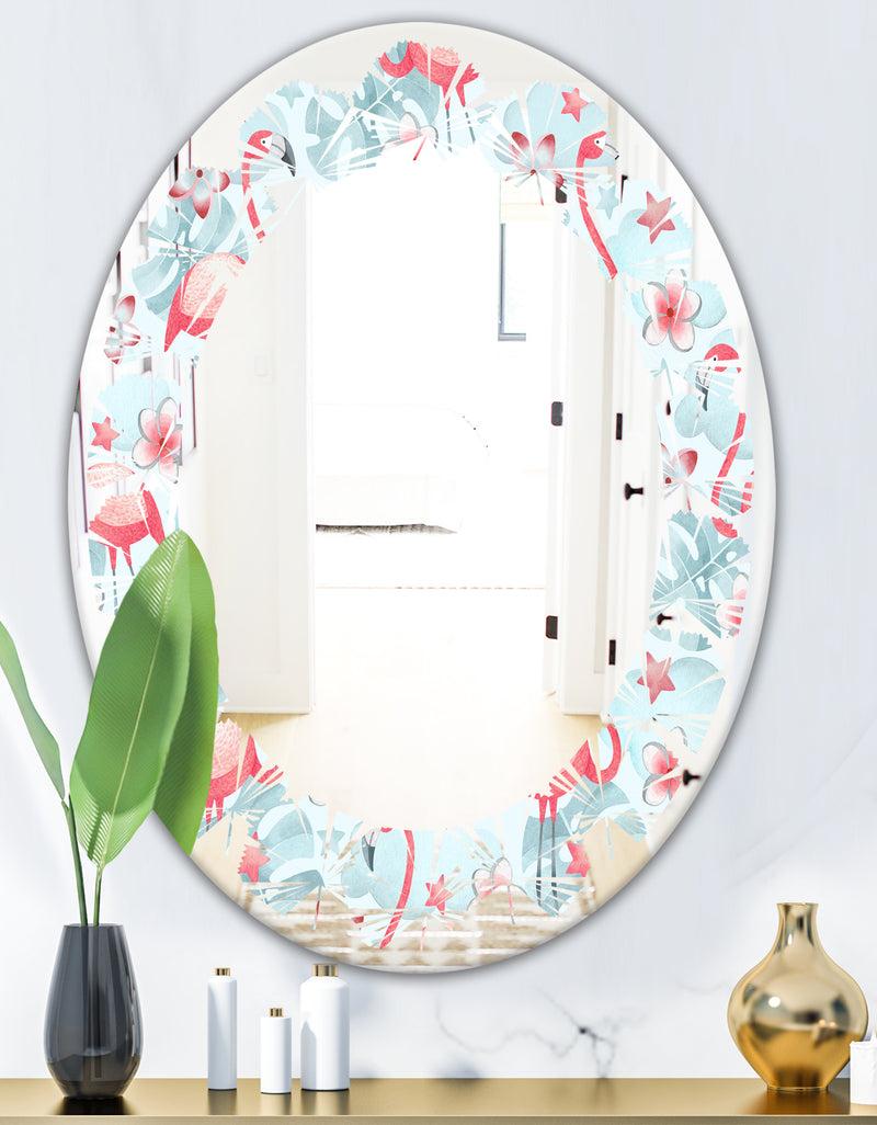 DesignQ Tropical Botanicals Flowers And Flamingo III - Modern Round Or Oval Wall Mirror - Leaves