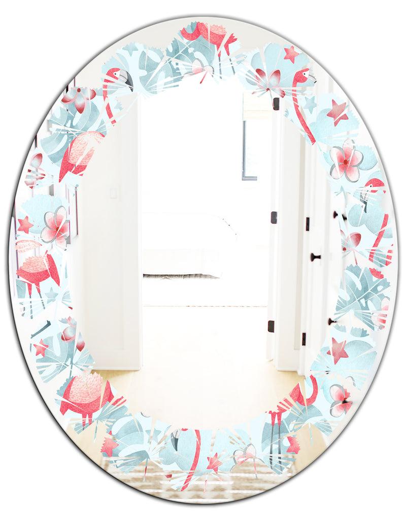 DesignQ Tropical Botanicals Flowers And Flamingo III - Modern Round Or Oval Wall Mirror - Leaves