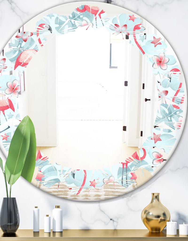 DesignQ Tropical Botanicals Flowers and Flamingo III - Modern Round or Oval Wall Mirror - Leaves