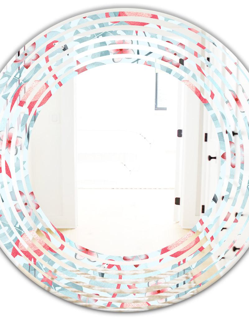 DesignQ Tropical Botanicals Flowers And Flamingo III - Modern Round Or Oval Wall Mirror - Wave