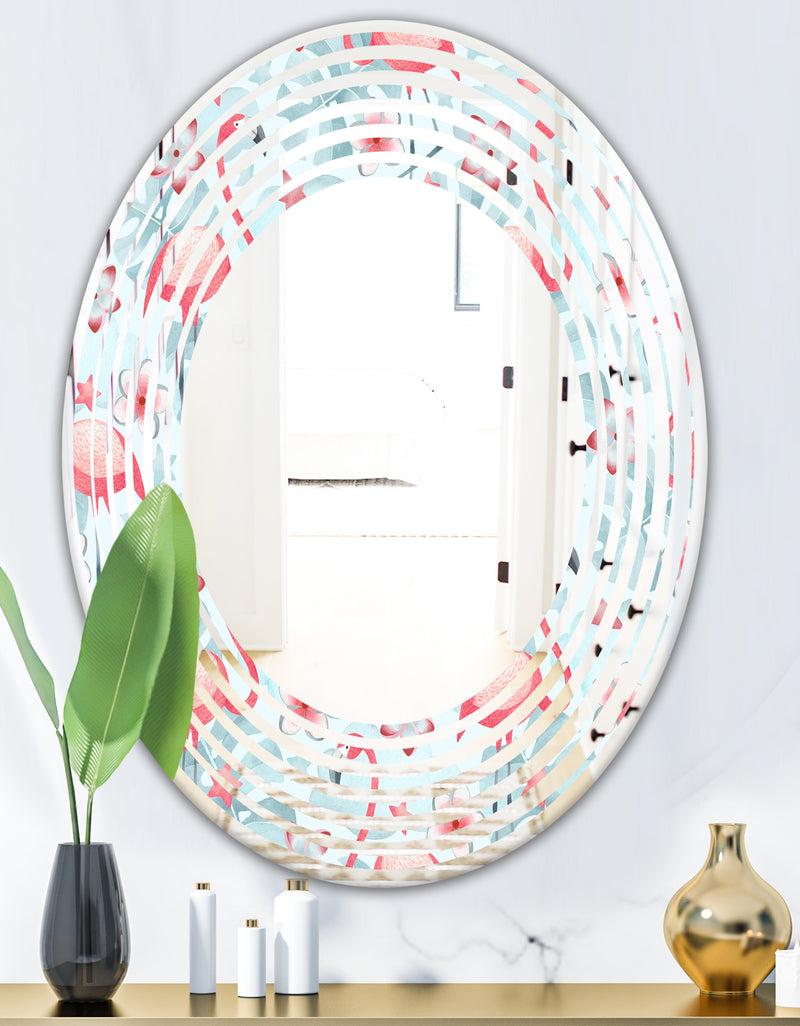 DesignQ Tropical Botanicals Flowers And Flamingo III - Modern Round Or Oval Wall Mirror - Wave