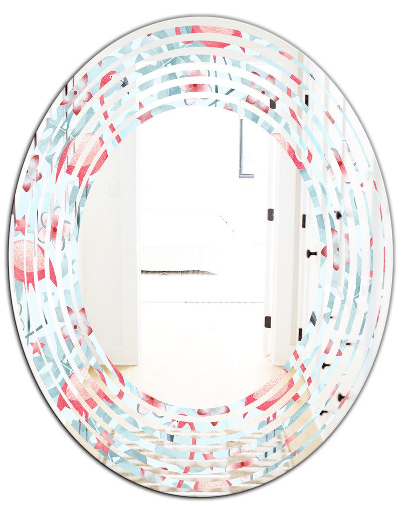 DesignQ Tropical Botanicals Flowers And Flamingo III - Modern Round Or Oval Wall Mirror - Wave