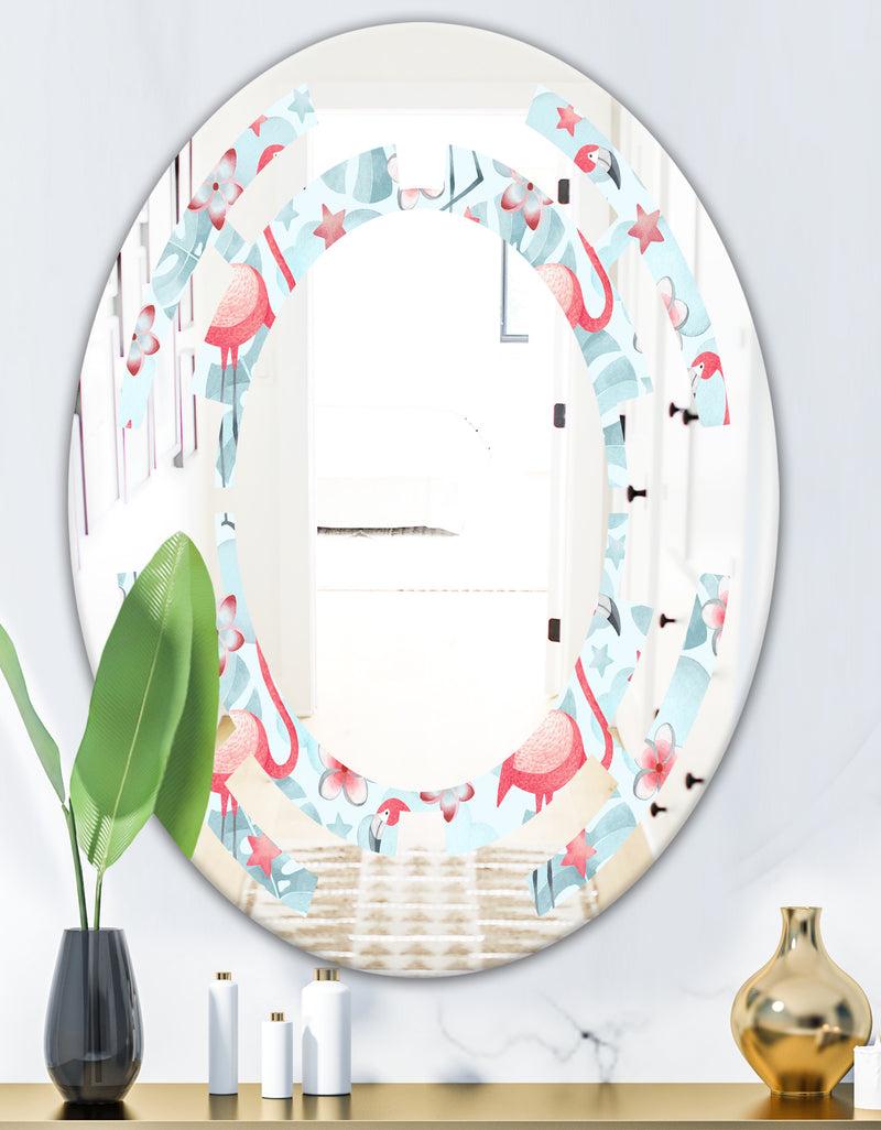 DesignQ Tropical Botanicals Flowers And Flamingo III - Modern Round Or Oval Wall Mirror - Space