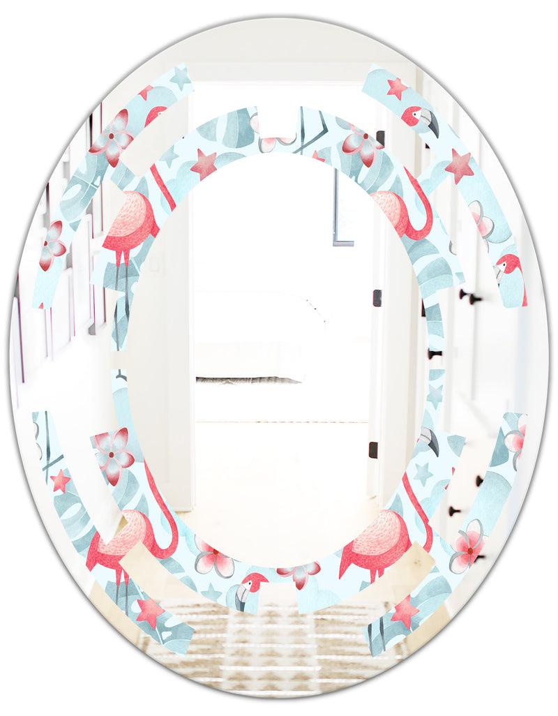 DesignQ Tropical Botanicals Flowers And Flamingo III - Modern Round Or Oval Wall Mirror - Space
