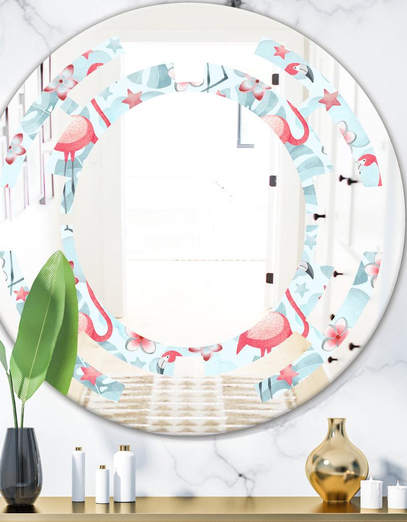 DesignQ Tropical Botanicals Flowers and Flamingo III - Modern Round or Oval Wall Mirror - Space