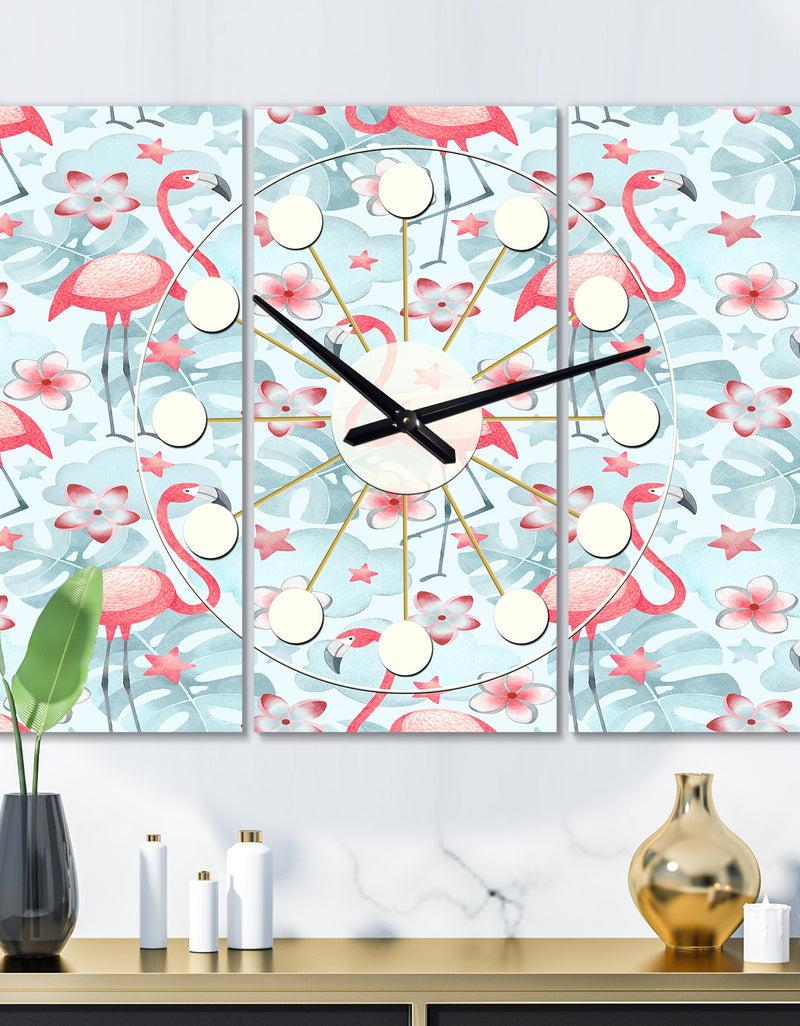 DesignQ Tropical Botanicals Flowers and Flamingo III - Oversized Mid-Century wall clock - 3 Panels