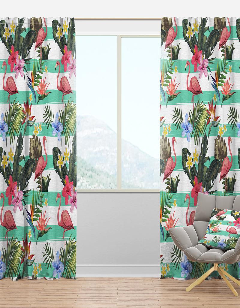 DesignQ Tropical Botanicals Flowers And Flamingo - Mid-Century Modern Curtain Panels
