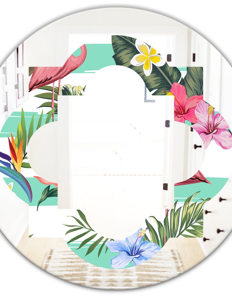 DesignQ Tropical Botanicals Flowers And Flamingo - Modern Round Or Oval Wall Mirror - Quatrefoil