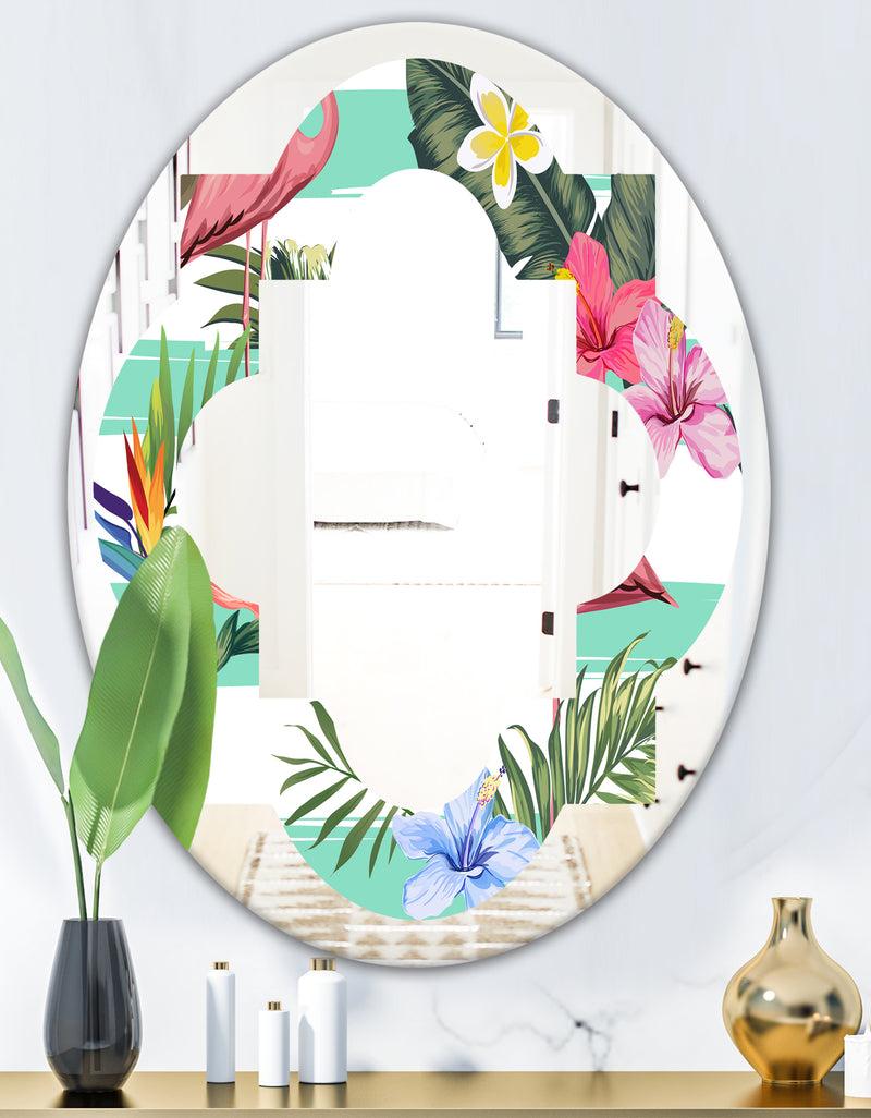 DesignQ Tropical Botanicals Flowers And Flamingo - Modern Round Or Oval Wall Mirror - Quatrefoil