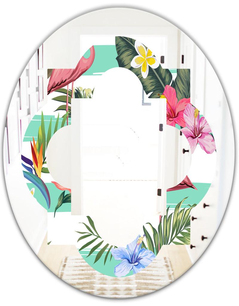 DesignQ Tropical Botanicals Flowers And Flamingo - Modern Round Or Oval Wall Mirror - Quatrefoil
