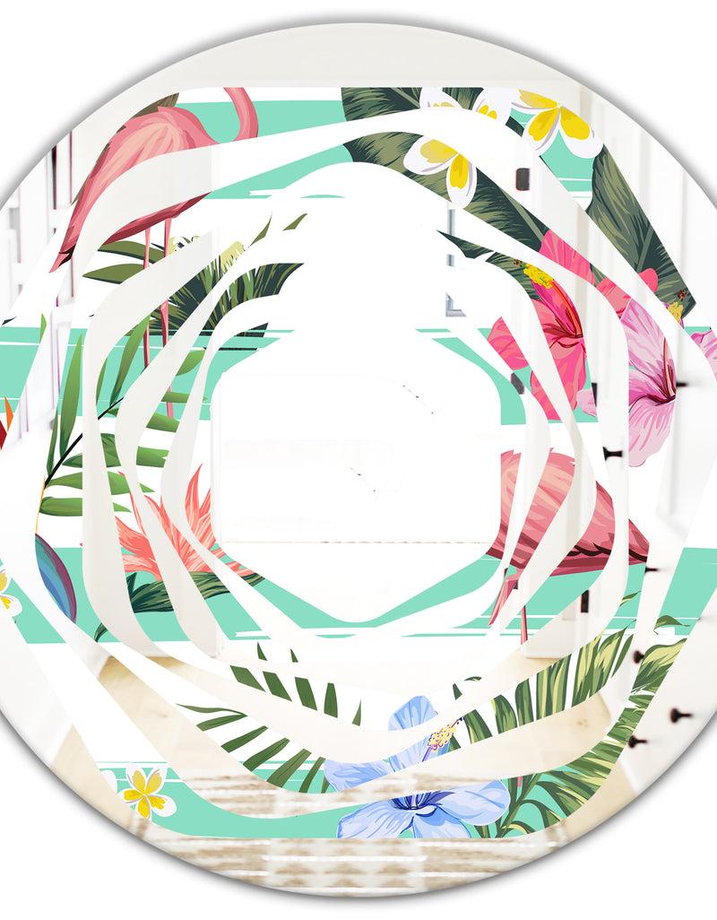 DesignQ Tropical Botanicals Flowers And Flamingo - Modern Round Or Oval Wall Mirror - Whirl