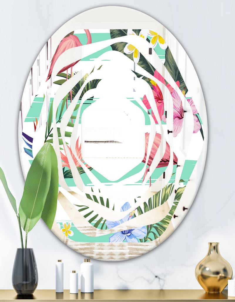 DesignQ Tropical Botanicals Flowers And Flamingo - Modern Round Or Oval Wall Mirror - Whirl