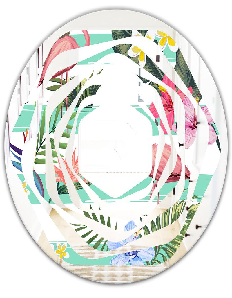 DesignQ Tropical Botanicals Flowers And Flamingo - Modern Round Or Oval Wall Mirror - Whirl