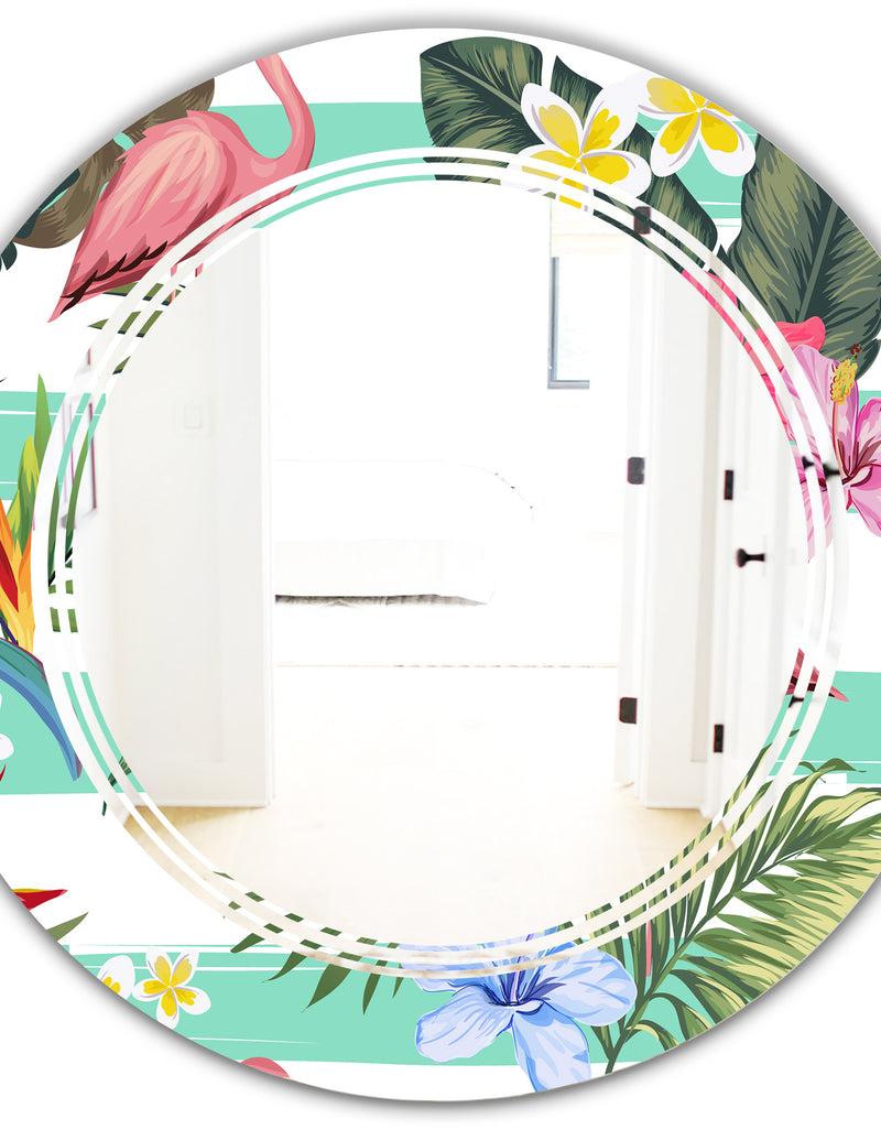 DesignQ Tropical Botanicals Flowers And Flamingo - Modern Round Or Oval Wall Mirror - Triple C
