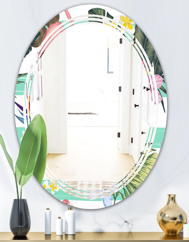 DesignQ Tropical Botanicals Flowers And Flamingo - Modern Round Or Oval Wall Mirror - Triple C