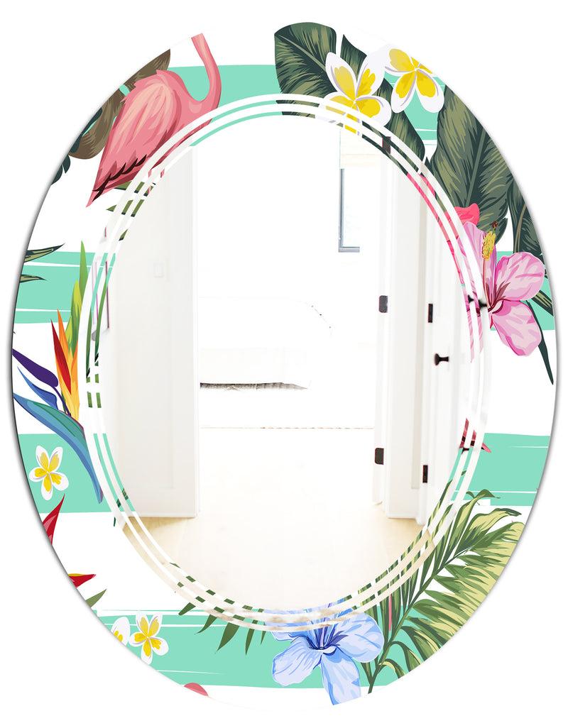 DesignQ Tropical Botanicals Flowers And Flamingo - Modern Round Or Oval Wall Mirror - Triple C