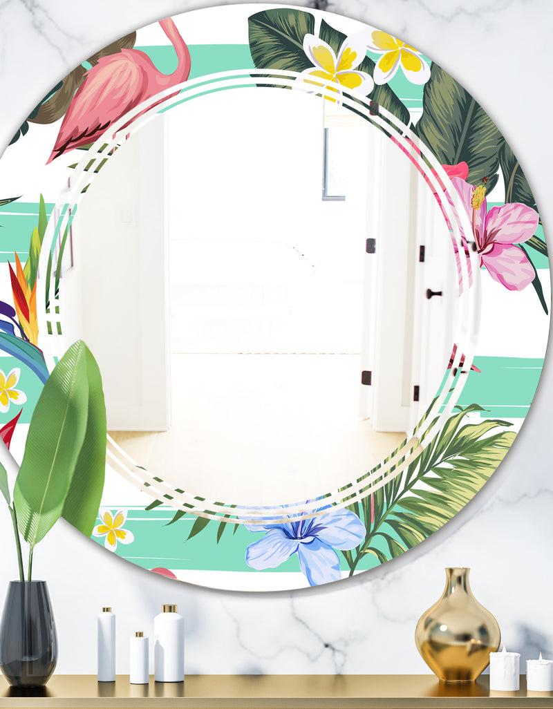 DesignQ Tropical Botanicals Flowers and Flamingo - Modern Round or Oval Wall Mirror - Triple C