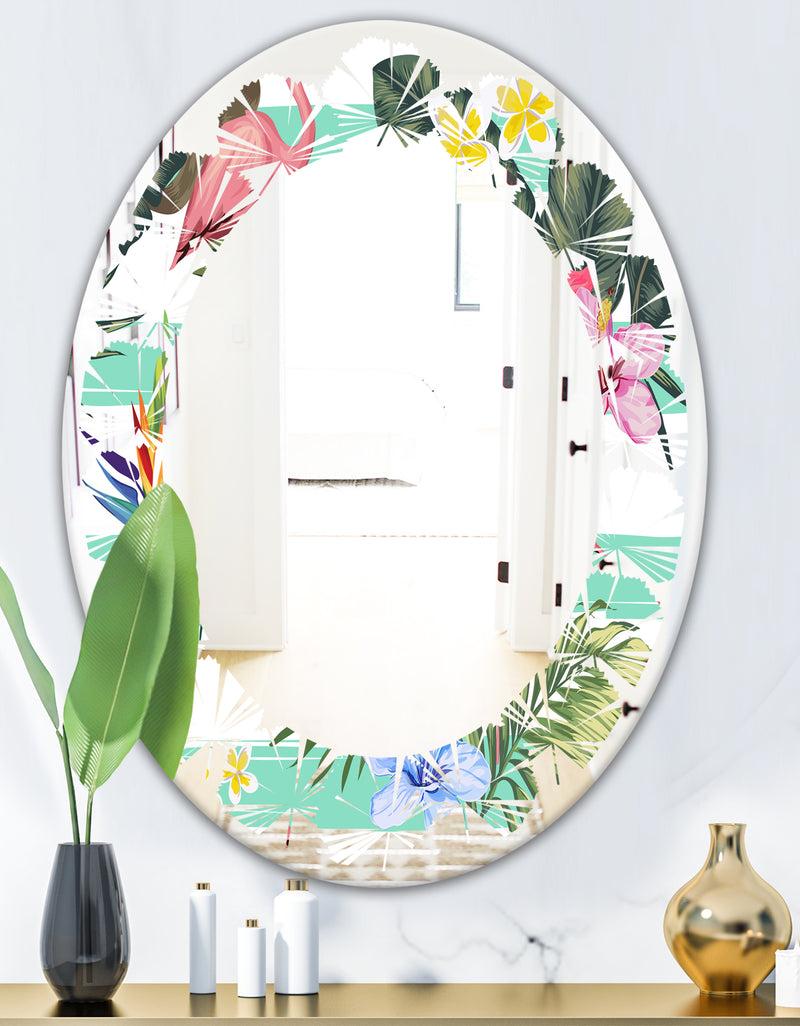DesignQ Tropical Botanicals Flowers And Flamingo - Modern Round Or Oval Wall Mirror - Leaves