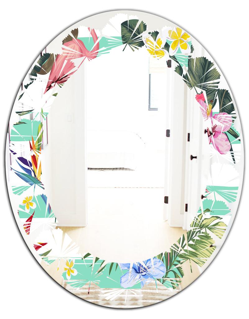 DesignQ Tropical Botanicals Flowers And Flamingo - Modern Round Or Oval Wall Mirror - Leaves