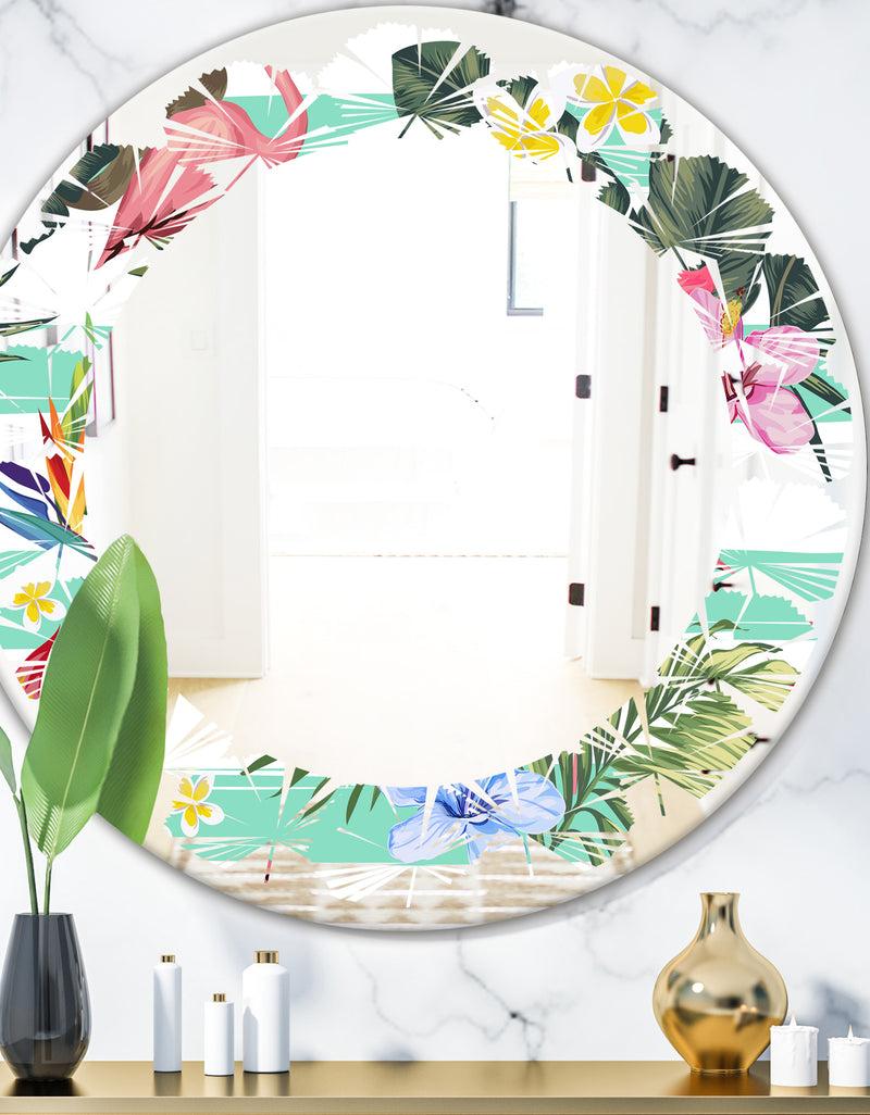DesignQ Tropical Botanicals Flowers and Flamingo - Modern Round or Oval Wall Mirror - Leaves