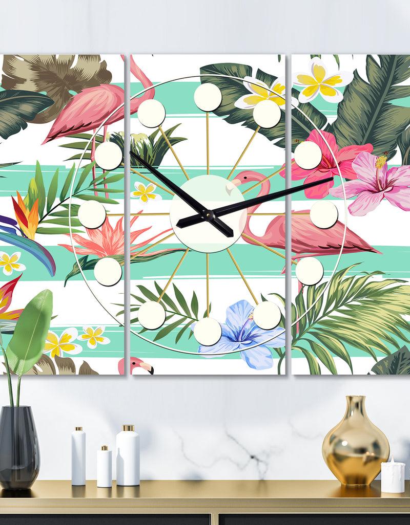 DesignQ Tropical Botanicals Flowers and Flamingo - Oversized Mid-Century wall clock - 3 Panels