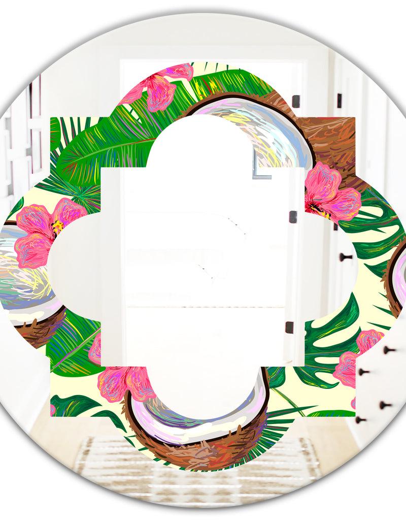 DesignQ Tropical Cooconut And Jungle Flowers - Modern Round Or Oval Wall Mirror - Quatrefoil