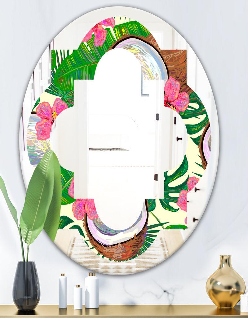 DesignQ Tropical Cooconut And Jungle Flowers - Modern Round Or Oval Wall Mirror - Quatrefoil