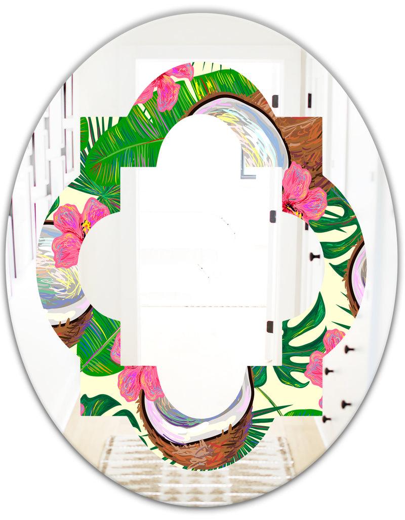 DesignQ Tropical Cooconut And Jungle Flowers - Modern Round Or Oval Wall Mirror - Quatrefoil
