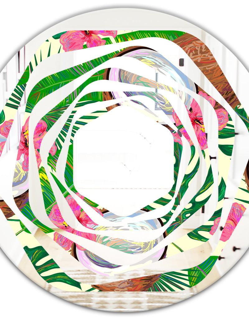 DesignQ Tropical Cooconut And Jungle Flowers - Modern Round Or Oval Wall Mirror - Whirl