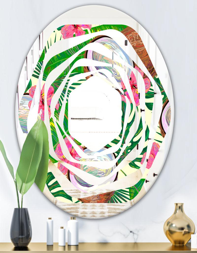 DesignQ Tropical Cooconut And Jungle Flowers - Modern Round Or Oval Wall Mirror - Whirl