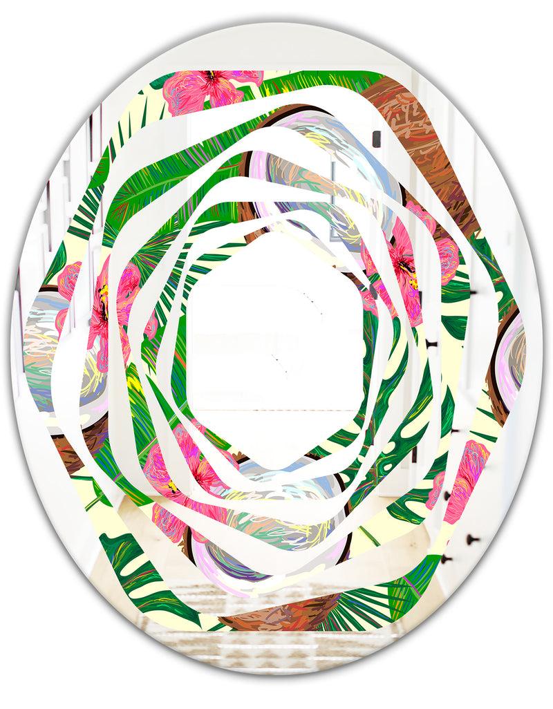 DesignQ Tropical Cooconut And Jungle Flowers - Modern Round Or Oval Wall Mirror - Whirl