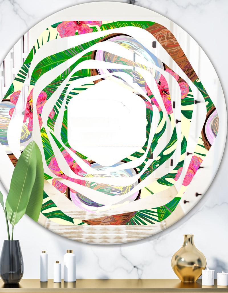 DesignQ Tropical Cooconut and Jungle Flowers - Modern Round or Oval Wall Mirror - Whirl