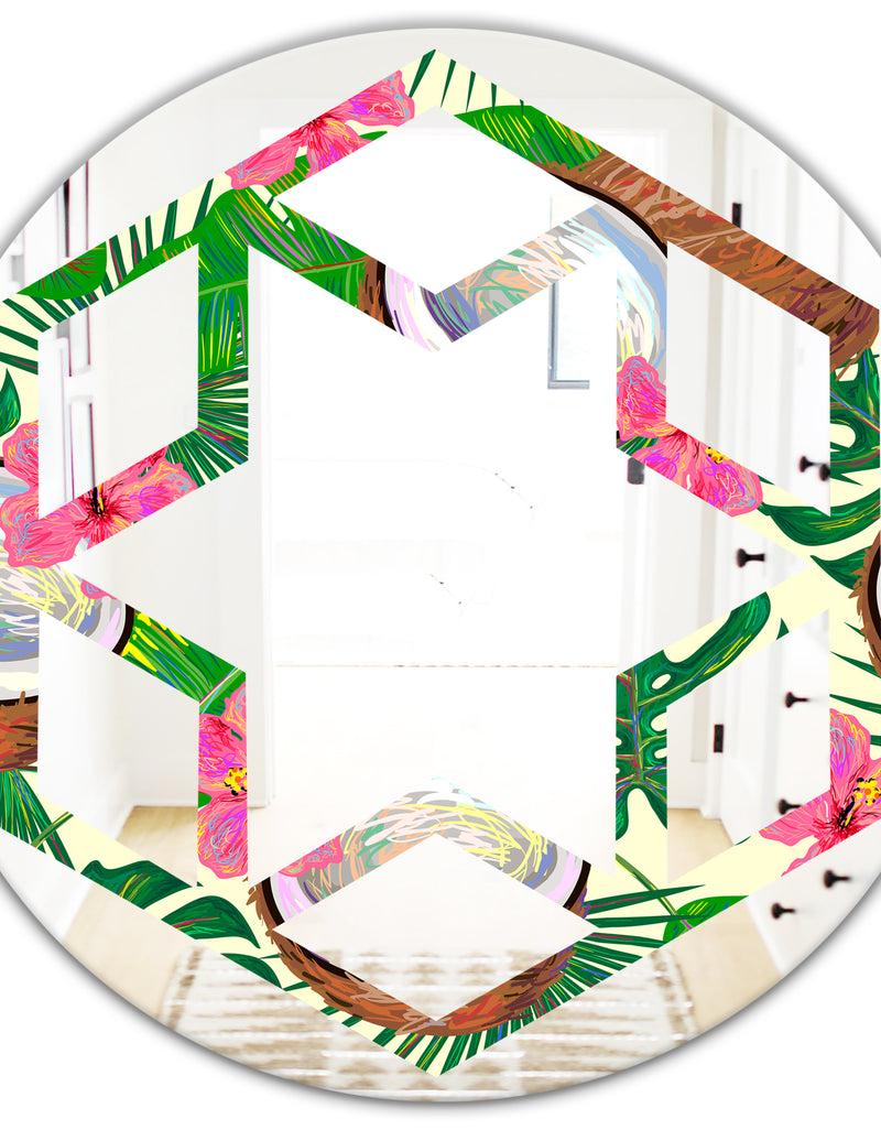 DesignQ Tropical Cooconut And Jungle Flowers - Modern Round Or Oval Wall Mirror - Hexagon Star