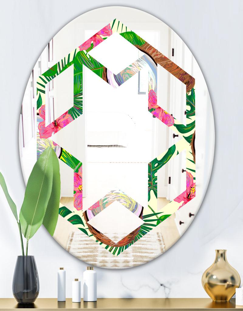 DesignQ Tropical Cooconut And Jungle Flowers - Modern Round Or Oval Wall Mirror - Hexagon Star