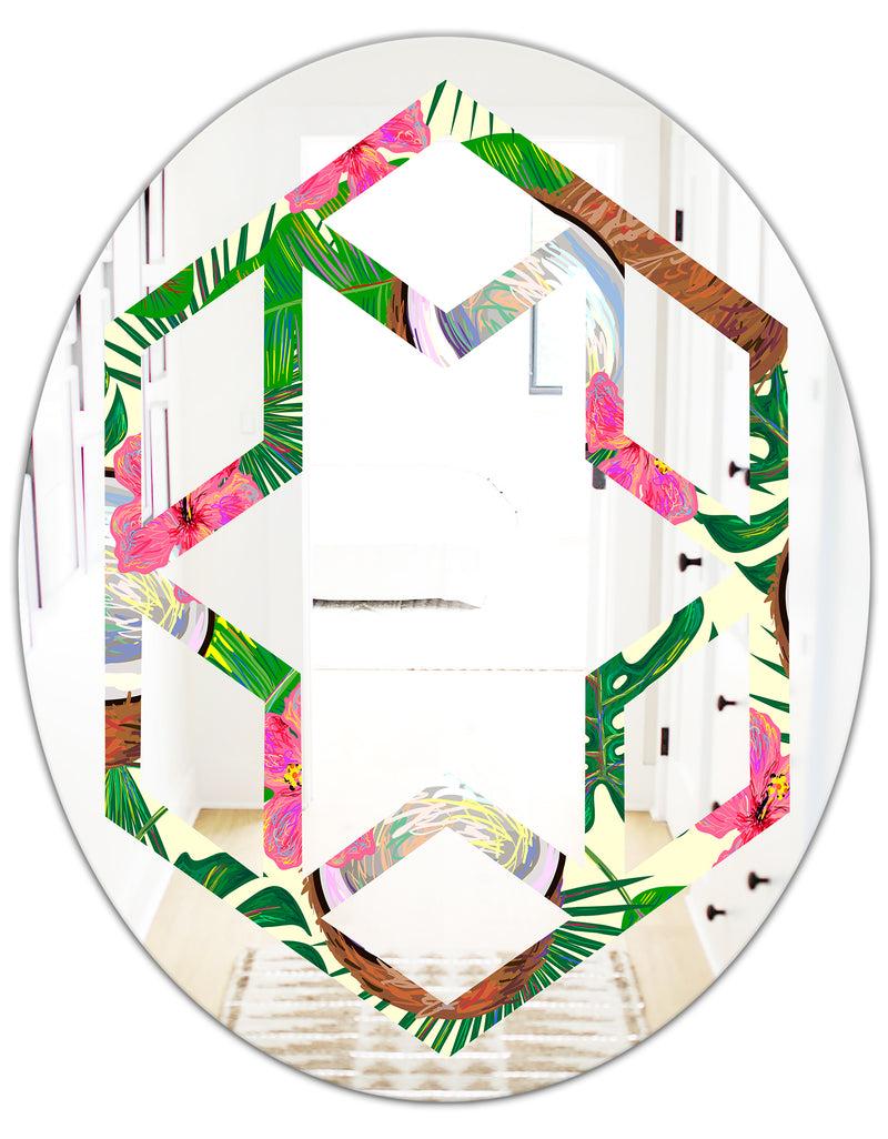 DesignQ Tropical Cooconut And Jungle Flowers - Modern Round Or Oval Wall Mirror - Hexagon Star