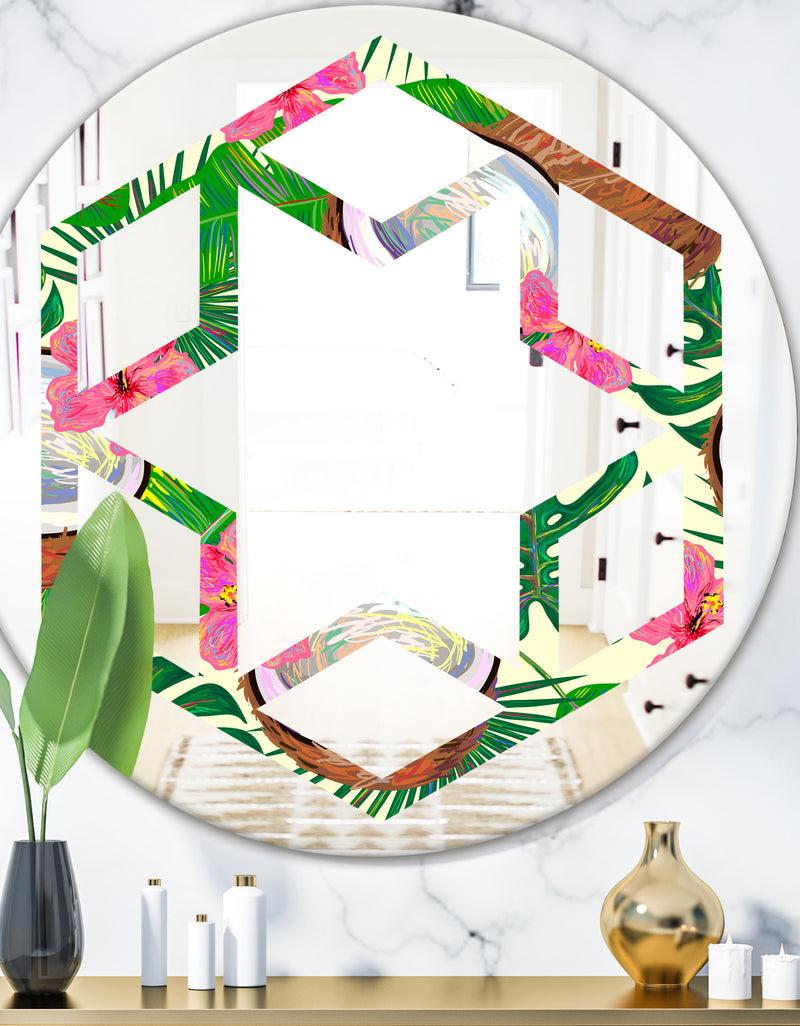 DesignQ Tropical Cooconut and Jungle Flowers - Modern Round or Oval Wall Mirror - Hexagon Star