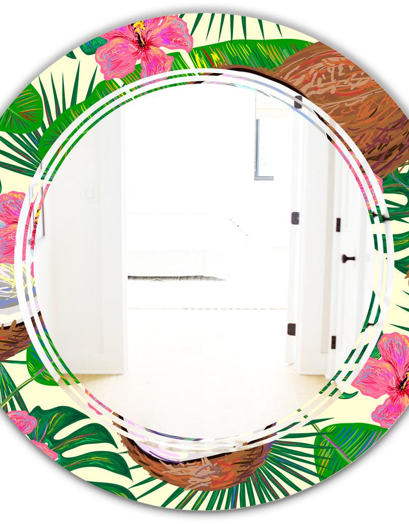 DesignQ Tropical Cooconut And Jungle Flowers - Modern Round Or Oval Wall Mirror - Triple C