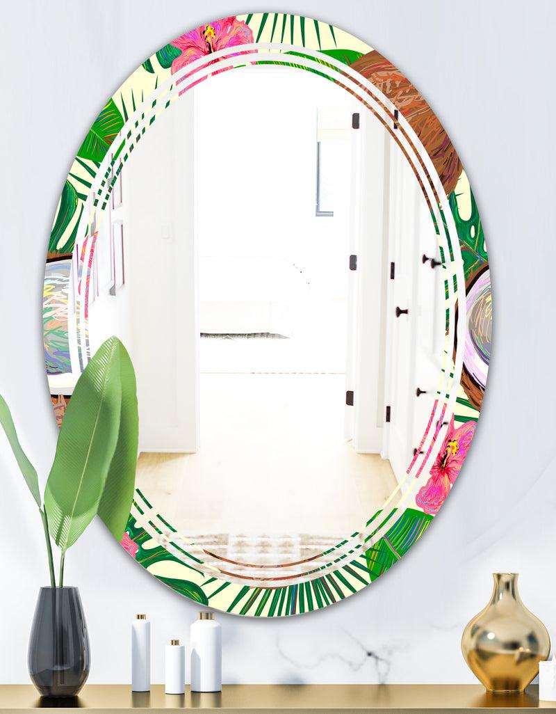 DesignQ Tropical Cooconut And Jungle Flowers - Modern Round Or Oval Wall Mirror - Triple C