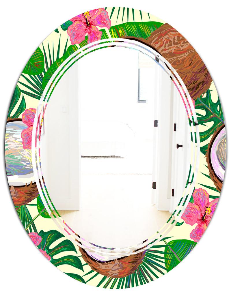 DesignQ Tropical Cooconut And Jungle Flowers - Modern Round Or Oval Wall Mirror - Triple C