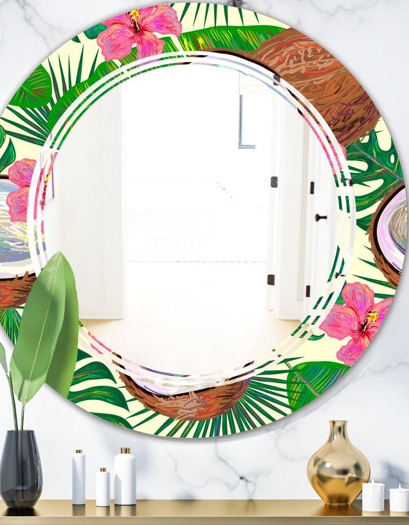 DesignQ Tropical Cooconut and Jungle Flowers - Modern Round or Oval Wall Mirror - Triple C
