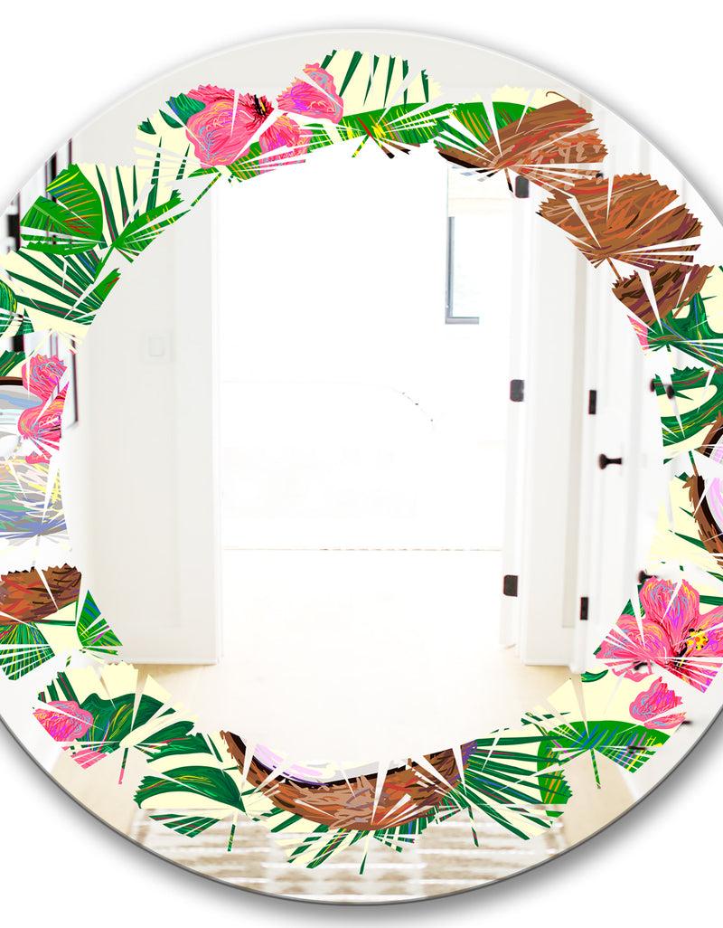 DesignQ Tropical Cooconut And Jungle Flowers - Modern Round Or Oval Wall Mirror - Leaves
