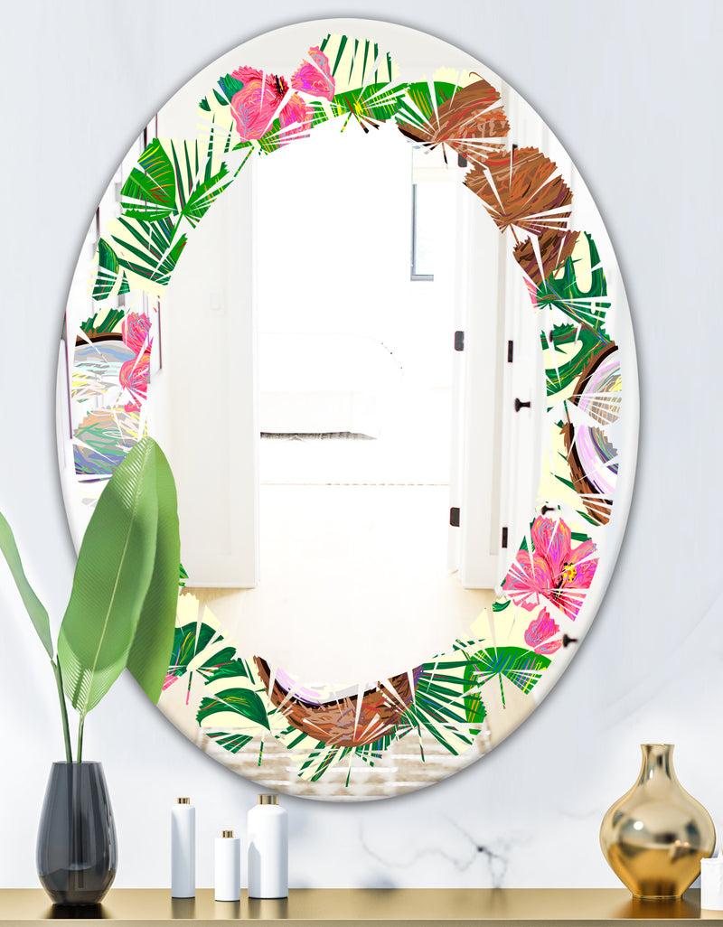 DesignQ Tropical Cooconut And Jungle Flowers - Modern Round Or Oval Wall Mirror - Leaves