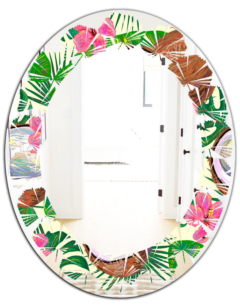 DesignQ Tropical Cooconut And Jungle Flowers - Modern Round Or Oval Wall Mirror - Leaves