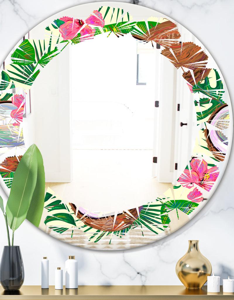 DesignQ Tropical Cooconut and Jungle Flowers - Modern Round or Oval Wall Mirror - Leaves