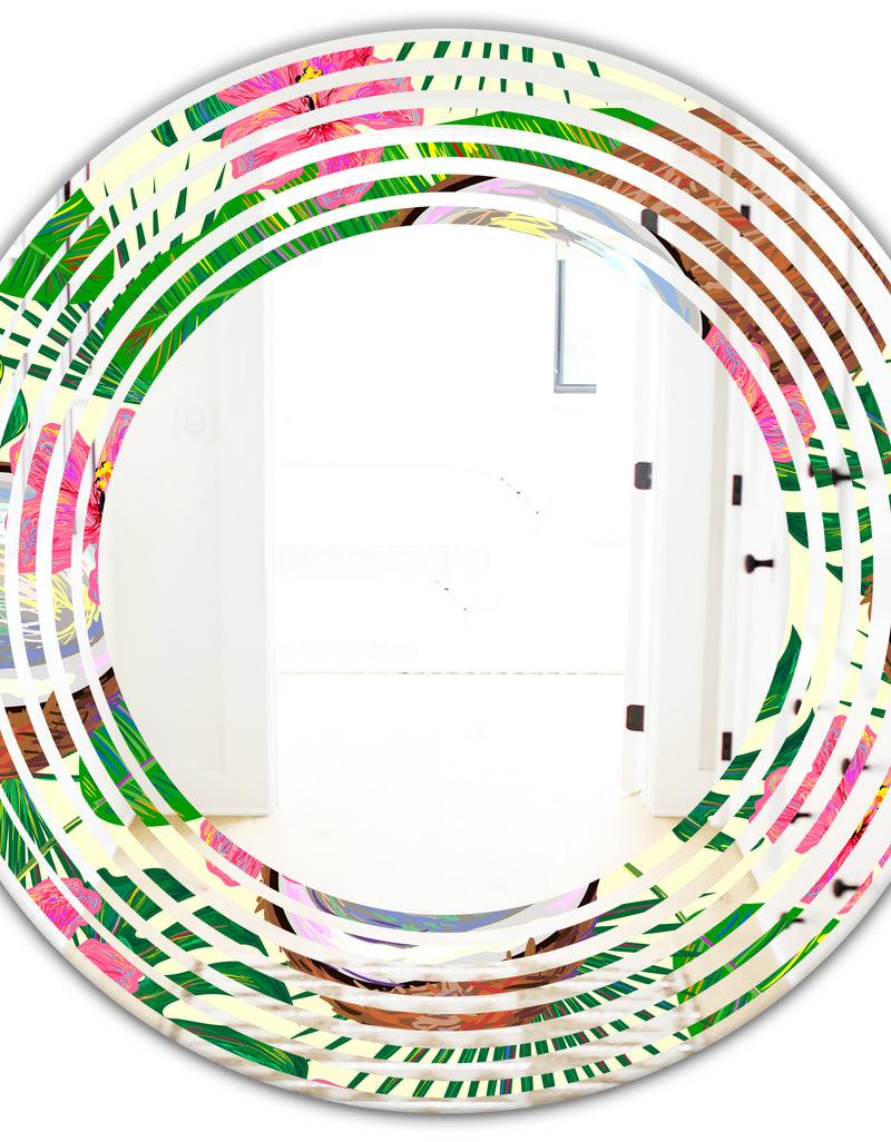 DesignQ Tropical Cooconut And Jungle Flowers - Modern Round Or Oval Wall Mirror - Wave