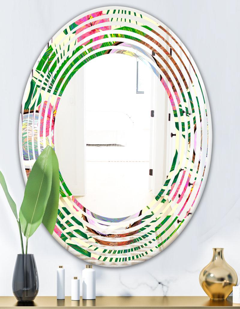 DesignQ Tropical Cooconut And Jungle Flowers - Modern Round Or Oval Wall Mirror - Wave