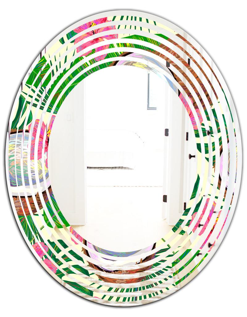 DesignQ Tropical Cooconut And Jungle Flowers - Modern Round Or Oval Wall Mirror - Wave