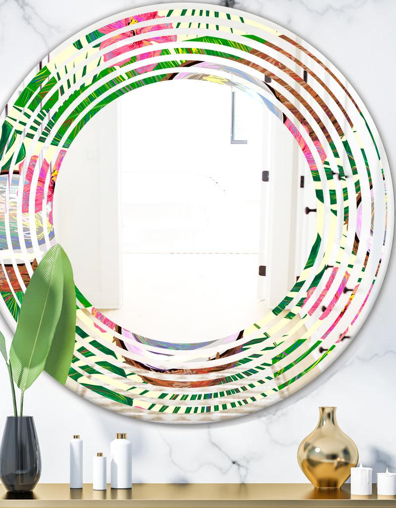 DesignQ Tropical Cooconut and Jungle Flowers - Modern Round or Oval Wall Mirror - Wave