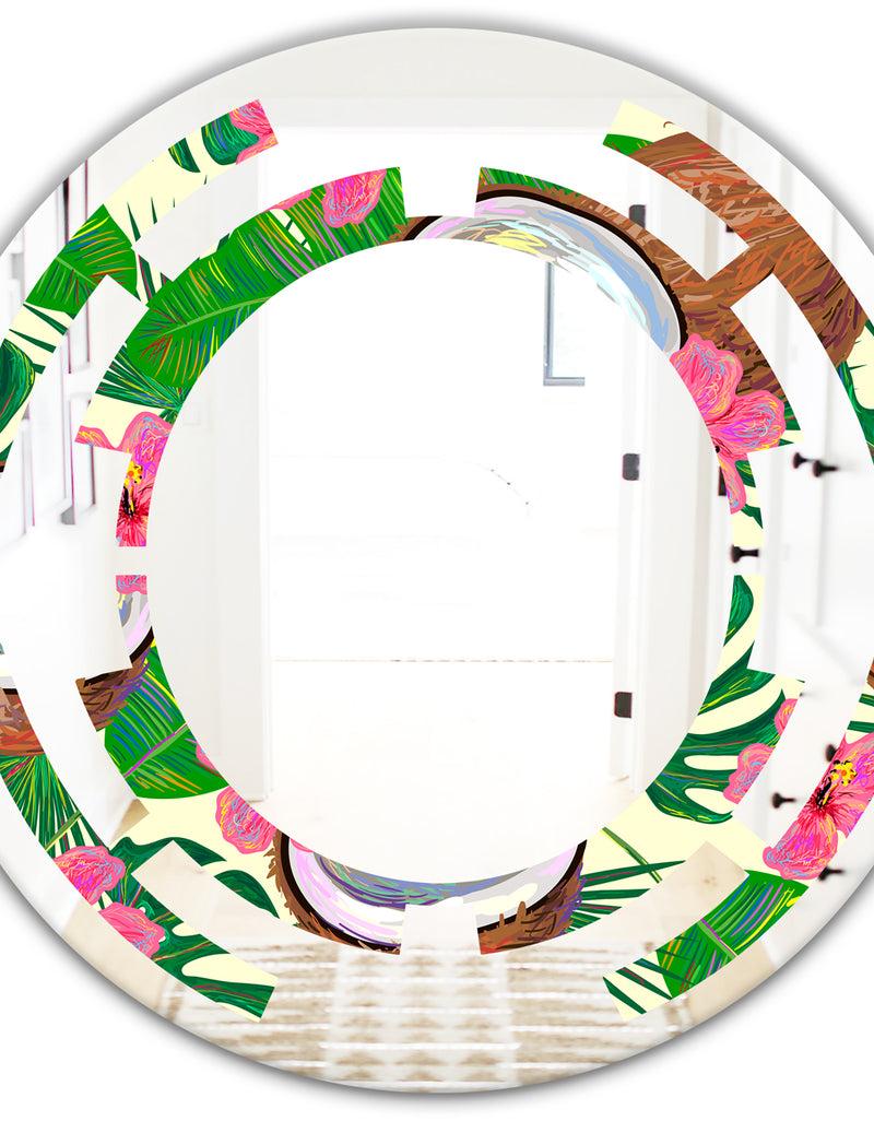 DesignQ Tropical Cooconut And Jungle Flowers - Modern Round Or Oval Wall Mirror - Space
