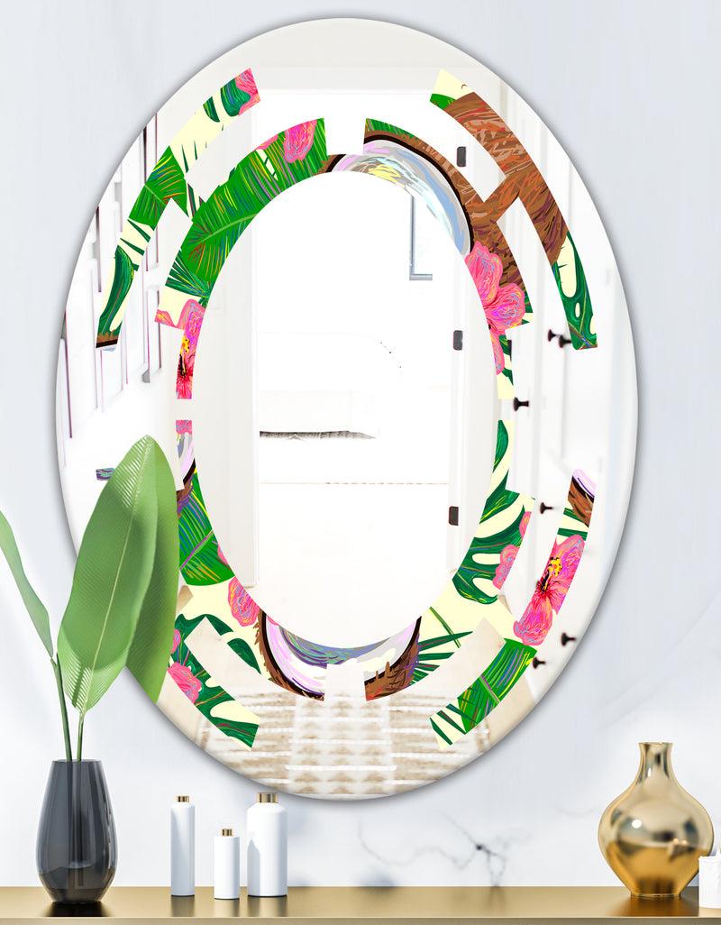 DesignQ Tropical Cooconut And Jungle Flowers - Modern Round Or Oval Wall Mirror - Space